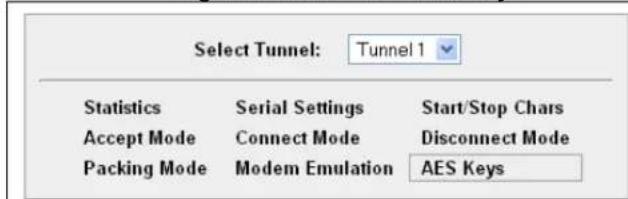 Select Tunnel: Tunnel 1 Statistics Serial Settings Start/Stop Chars Accept Mode Connect Mode Disconnect Mode Packing Mode Modem Emulation AES Keys
