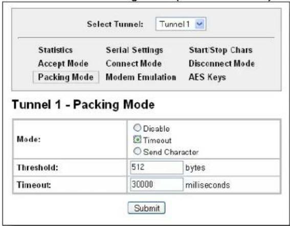 Select Tunnel: Tunnel1 Statistics Serial Settings Start/Stop Chars Accept Mode Connect Mode Disconnect Mode Packing Mode Modem Emulation AES Keys Tunnel 1 - Packing Mode Mode: ○ Dicable ○ Timeout ○ Send Character Threshold: 512 bytes Timeout: 30000 milliseconds Submit
