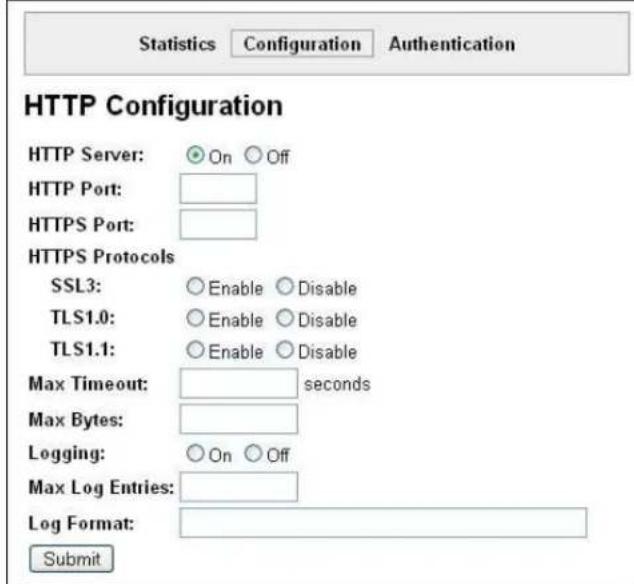Statistics Configuration Authentication HTTP Configuration HTTP Server: On Off HTTP Port: HTTPS Port: HTTPS Protocols SSL3: Enable Disable TLS1.0: Enable Disable TLS1.1: Enable Disable Max Timeout: seconds Max Bytes: Logging: On Off Max Log Entries: Log Format: Submit
