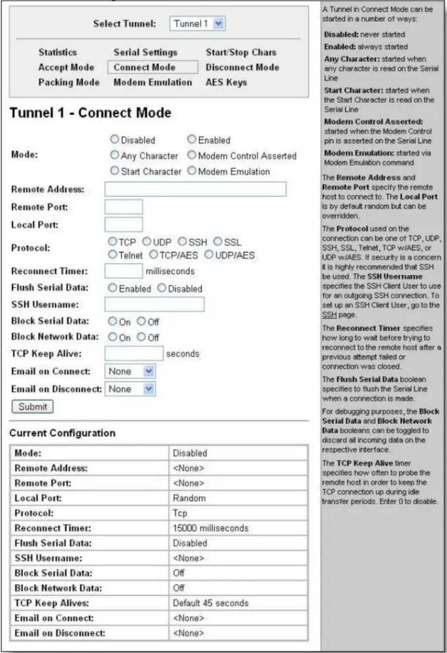 Select Tunnel: Tunnel 1 Statistics Serial Settings Start/Stop Chars Accept Mode Connect Mode Disconnect Mode Packing Mode Modem Emulation AES Keys Tunnel 1 - Connect Mode Mode: Disabled Enabled Any Character Modem Control Asserted Start Character Modem Emulation Remote Address: Remote Port: Local Port: Protocol: TCP UDP SSH SSL Telnet TCP/AES UDP/AES Reconnect Timer: milliseconds Flush Serial Data: Enabled Disabled SSH Username: Block Serial Data: On Off Block Network Data: On Off TCP Keep Alive: seconds Email on Connect: None Email on Disconnect: None Submit Current Configuration Mode: Disabled Remote Address: Remote Port: Local Port: Random Protocol: Tcp Reconnect Timer: 15000 milliseconds Flush Serial Data: Disabled SSH Username: Block Serial Data: Off Block Network Data: Off TCP Keep Alives: Default 45 seconds Email on Connect: Email on Disconnect: A Tunnel in Connect Mode can be started in a number of ways: Disabled: never started Enabled: always started Any Character: started when any character is read on the Serial Line Start Character: started when the Start Character is read on the Serial Line Modem Control Asserted: started when the Modem Control pin is asserted on the Serial Line Modem Emulation: started via Modem Emulation command The Remote Address and Remote Port specify the remote host to connect to. The Local Port is by default random but can be overridden. The Protocol used on the connection can be one of TCP, UDP, SSH, SSL, Telnet, TCP w/AES, or UDP w/AES. If security is a concern it is highly recommended that SSH be used. The SSH Username specifies the SSH Client User to use for an outgoing SSH connection. To set up an SSH Client User, go to the SSH page. The Reconnect Timer specifies how long to wait before trying to reconnect to the remote host after a previous attempt failed or connection was closed. The Flush Serial Data boolean specifies to flush the Serial Line when a connection is made. For debugging purposes, the Block Serial Data and Block Network Data booleans can be toggled to discard all incoming data on the respective interface. The TCP Keep Alive timer specifies how often to probe the remote host in order to keep the TCP connection up during idle transfer periods. Enter 0 to disable.