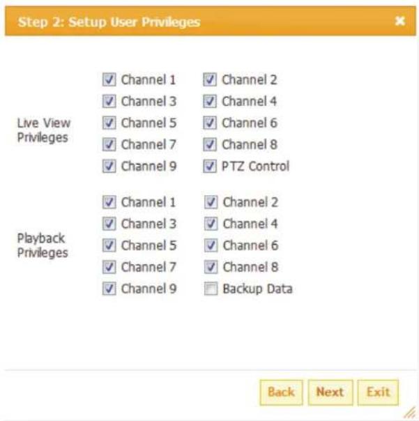 Step 2: Setup User Privileges Live View Privileges ✓ Channel 1 ✓ Channel 2 ✓ Channel 3 ✓ Channel 4 ✓ Channel 5 ✓ Channel 6 ✓ Channel 7 ✓ Channel 8 ✓ Channel 9 ✓ PTZ Control Playback Privileges ✓ Channel 1 ✓ Channel 2 ✓ Channel 3 ✓ Channel 4 ✓ Channel 5 ✓ Channel 6 ✓ Channel 7 ✓ Channel 8 ✓ Channel 9 ✓ Backup Data Back Next Exit
