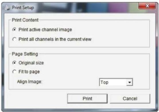 Print Setup Print Content ● Print active channel image ○ Print all channels in the current view Page Setting ● Original size ○ Fit to page Align Image: Top Print Cancel