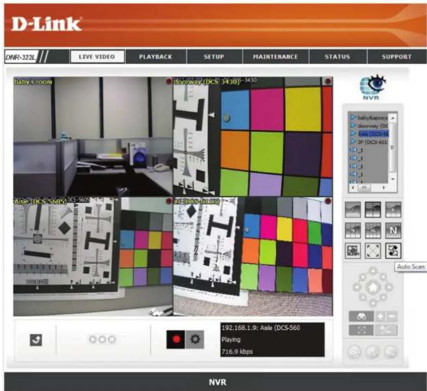 D-Link DNR-322L LIVE VIDEO PLAYBACK SETUP MAINTENANCE STATUS SUPPORT Baby S room doorway (DCS 34:30) - 34:30 Asle (DCS-560) (DCS-560) Asle (DCS-560) 192.168.1.9: Asle (DCS-560 Playing 716.9 kbps NVR babyUpower doorway (DCS- 2F (DCS-560) _1 _1 _1 Auto Scan NVR