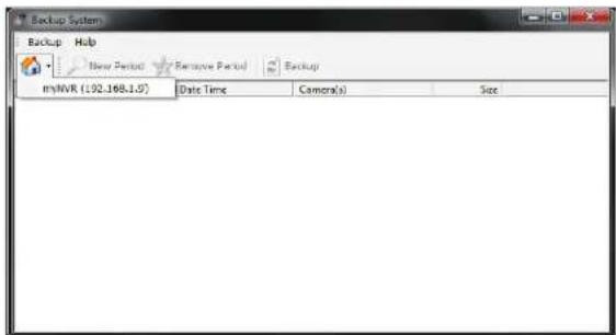 Backup System Backup Help New Period Remove Period Backup MyNVR (192.168.1.0) Date Time Camera(s) Size