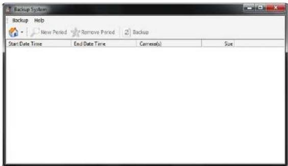 Backup System Backup Help New Period Remove Period Backup Start Date Time End Date Time Camera(s) Size