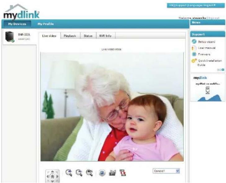 mydlink My Devices My Profile 048-322L 44461245 Live video Playback Status IVR Info Live Video Mode Support Setup wizard User manual Firmware Quick installation Guide mydlink mydlink vs mdbll... Cancel! Welcome screenshot | Sign out News