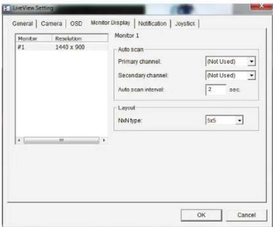 LiveView Setting General | Camera | OSD | Monitor Display | Notification | Joystick | Monitor 1 #1 1440 x 900 Auto scan Primary channel: (Not Used) Secondary channel: (Not Used) Auto scan interval: 2 sec. Layout NxB type: 5x5 OK Cancel