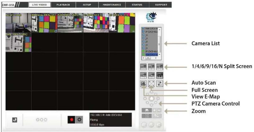 ENR-322L LIVE VIDEO PLAYBACK SETUP MAINTENANCE STATUS SUPPORT baby's room doorway (DCS-41) Asle (pax-605) 94 (pax 611) 91 (DCS-41) AER (DCS-605) 192.168.1.9; Asle (DCS-56) Playing 1016.8 Hbps Camera List 1/4/6/9/16/N Split Screen Auto Scan Full Screen View E-Map PTZ Camera Control Zoom