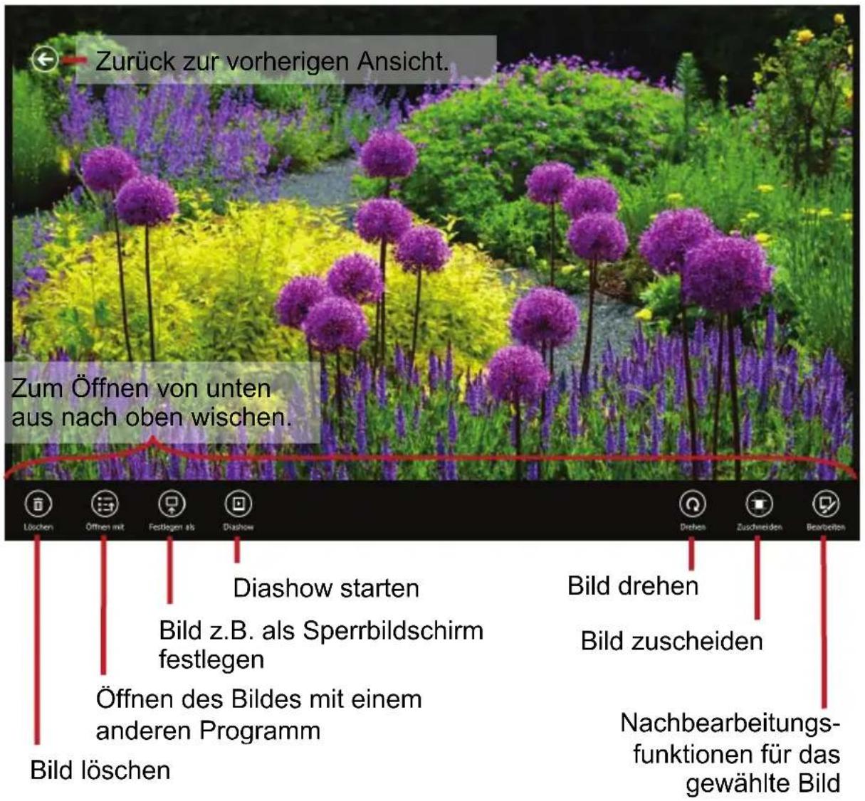 Zurück zur vorherigen Ansicht. Zum Öffnen von unten aus nach oben wischen. Löchen Öffnen mit Festlegen als Diashow Diashow starten Bild z.B. als Sperrbildschirm festlegen Öffnen des Bildes mit einem anderen Programm Bild löschen Bild drehen Bild zuscheiden Nachbearbeitungs- funktionen für das gewähl…
