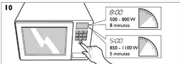 10 8:00 500 - 800 W 8 minutes 5:00 850 - 1100 W 5 minutes