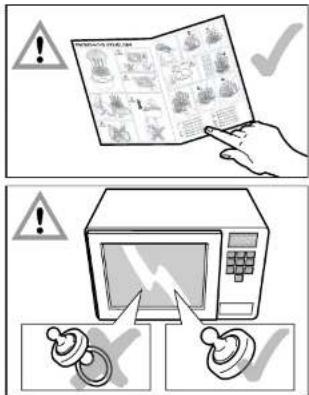 Safety warning illustration showing a hand pointing to a product list and a microwave oven with warning symbols.