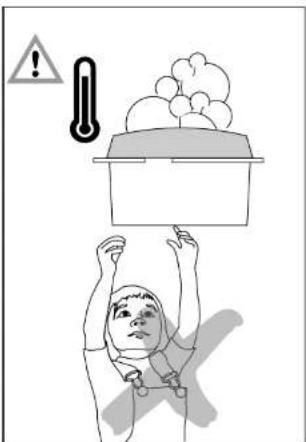 Safety warning illustration showing a person lifting a box with a thermometer and warning symbol