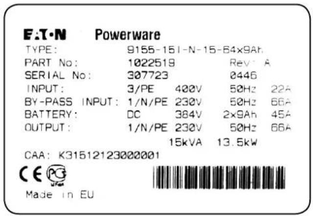 E.T.N Powerware TYPE: 9155-15I-N-15-64x9Ah PART No: 1022519 Rev: A SERIAL No: 307723 0446 INPUT: 3/PE 400V 50Hz 22A BY-PASS INPUT: 1/N/PE 230V 50Hz 66A BATTERY: DC 384V 2x9Ah 45A OUTPUT: 1/N/PE 230V 50Hz 66A 15kVA 13.5kW CAA: K31512123000001 CE PC Made in EU