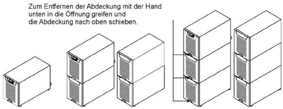 Zum Entfernen der Abdeckung mit der Hand unten in die Öffnung greifen und die Abdeckung nach oben schieben.