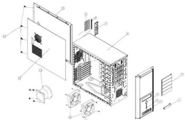 Exploded view diagram of a desktop computer tower with numbered components for identification