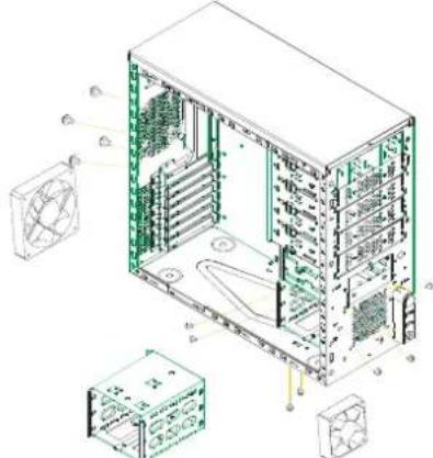 Technical diagram of a server rack with labeled components and exploded view, showing internal layout and component footprints.
