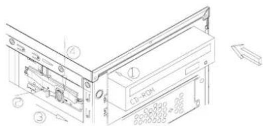 Technical diagram of a CD-ROM device with labeled components and exploded view