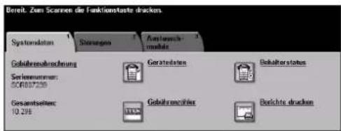 Dereit: Zins Scanning die Funktionstaste drucken. Systemstatus Steuropa Anforderungs- modate Gebahresrechnung Geratedstatus Gebaherstatus Serienwerten: SC4007239 Gesamtstaten: 10.298 Gebahreschinen Beichte drucken