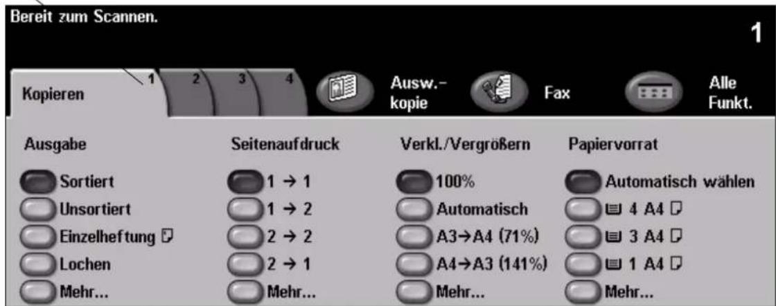 Bereit zum Scannen. 1 Kopieren 1 2 3 4 Ausw.- kopie Fax Alle Funkt. Ausgabe Seitenaufdruck Verkl./Vergrößern Papiervorrat Sortiert 1 → 1 100% Automatisch wählen Unsortiert 1 → 2 Automatisch 4 A4 Einzelheftung 2 → 2 A3→A4 (71%) 3 A4 Lochen 2 → 1 A4→A3 (141%) 1 A4 Mehr... Mehr... Mehr... Mehr...