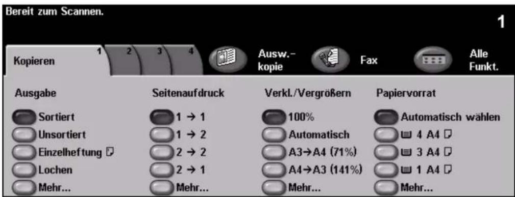Bereit zum Scannen. 1 Kopieren 1 2 3 4 Ausw.- kopie Fax Alle Funkt. Ausgabe Seitenaufdruck Verkl./Vergrößern Papiervorrat Sortiert 1 → 1 100% Automatisch wählen Unsortiert 1 → 2 Automatisch 4 A4 Einzelheftung 2 → 2 A3→A4 (71%) 3 A4 Lochen 2 → 1 A4→A3 (141%) 1 A4 Mehr... Mehr... Mehr... Mehr...