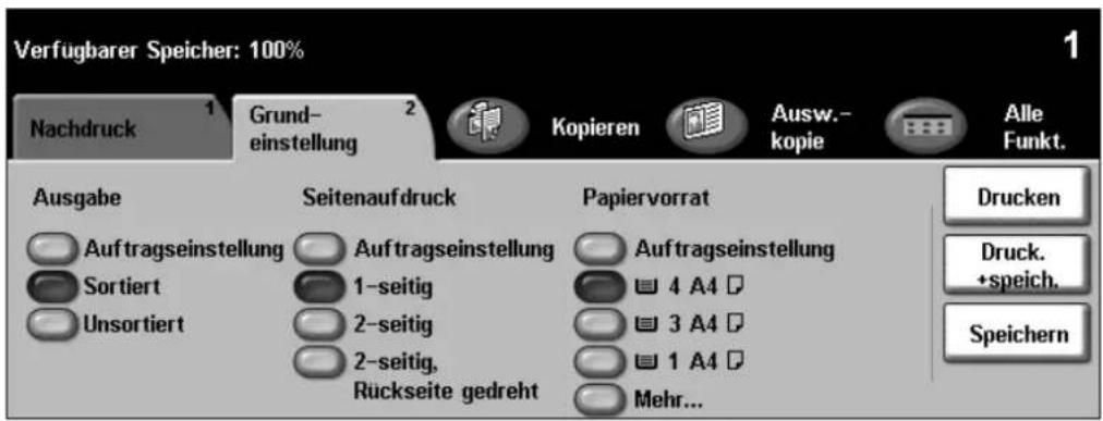 Verfügbarer Speicher: 100% Nachdruck Grund- einstellung Kopieren Ausw. -kopie Alle Funkt. Ausgabe Seitenaufdruck Papiervorrat Auftragseinstellung Auftragseinstellung Sortiert 1-seitig 4 A4 Unsortiert 2-seitig 3 A4 2-seitig, 1 A4 Rückseite gedreht Mehr... Drucken Druck. +speich. Speichern