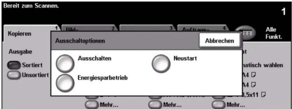 Bereit zum Scannen. 1 Kopieren 1 Bild 2 3 Auftrags 4 Ausschaltoptionen Abbrechen Ausgabe Sortiert Neustart Unsortiert Ausschalten Energiesparbetrieb Mehr... Mehr... Mehr... Alle Funkt.