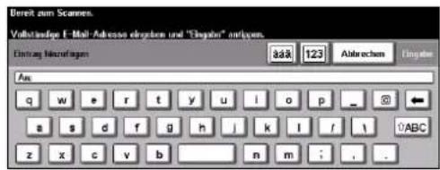 Dereit zum Scannes. Vollstaundige E-Mail-Adessoal eingeben und "Elageln" anlage Dietrag übertragen äää 123 Abrechen Einlage Am q w e r t y u i o p _ a s d f g h j k l f / z x c v b n m ; . .
