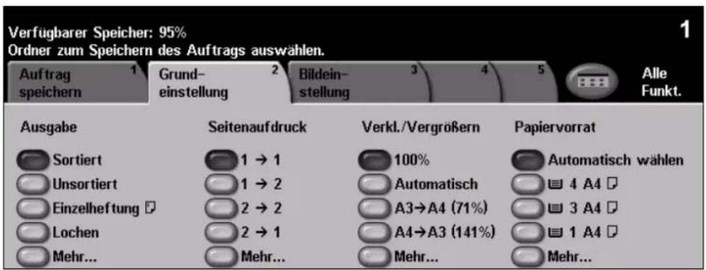 Verfügbarer Speicher: 95% Ordner zum Speichern des Auftrags auswählen. Auftrag speichern 1 Grund- einstellung 2 Bildein- stellung 3 4 5 Alle Funkt. Ausgabe Seitenaufdruck Verkl./Vergrößern Papiervorrat Sortiert 1 → 1 100% Automatisch wählen Unsortiert 1 → 2 Automatisch 4 A4 Einzelheftung 2 → 2 A3→A4 (71%) 3 A4 Lochen 2 → 1 A4→A3 (141%) 1 A4 Mehr... Mehr... Mehr...