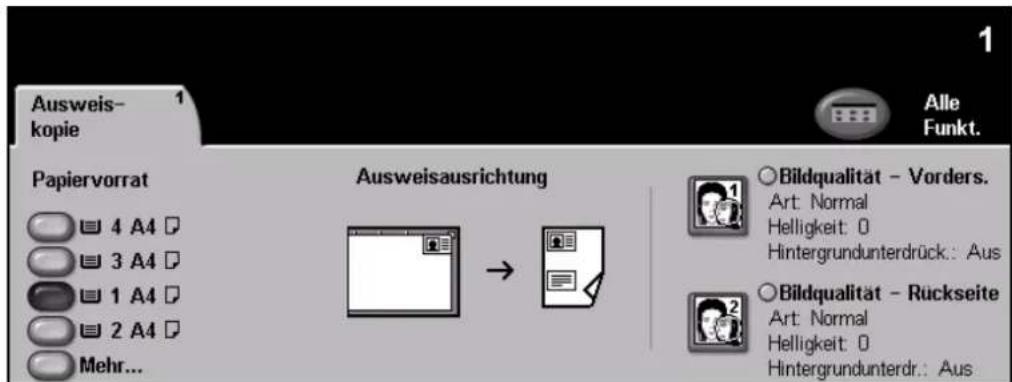 Ausweis- kopie 1 Papiervorrat 4 A4 3 A4 1 A4 2 A4 Mehr... Ausweisausrichtung → Alle Funkt. Bildqualität - Vorders. Art: Normal Helligkeit: 0 Hintergrundunterdrück.: Aus Bildqualität - Rückseite Art: Normal Helligkeit: 0 Hintergrundunterdr.: Aus
