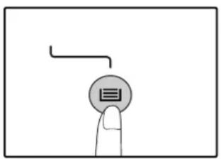 Hand-drawn icon showing a finger pressing a button with an arrow above it, containing a symbol resembling a menu or button.