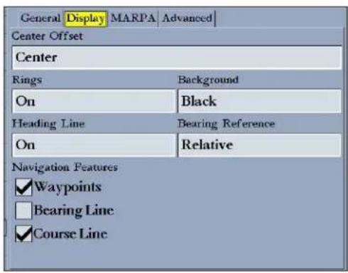 General Display MARPA Advanced Center Offset Center Rings Background On Black Heading Line Bearing Reference On Relative Navigation Features ✓Waypoints □Bearing Line ✓Course Line