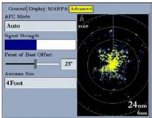 General | Display | MARPA | Advanced AFC Mode Auto Signal Strength Front of Boat Offset 23" Antenna Size 4Foot H-UP 24nm 6nm