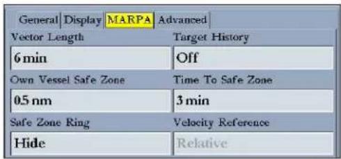 General Display MARPA Advanced Vector Length Target History 6 min Off Own Vessel Safe Zone Time To Safe Zone 0.5 nm 3 min Safe Zone Ring Velocity Reference Hide Relative