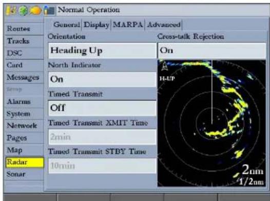 Normal Operation Routes Tracks DSC Card Messages Temp Alarms System Network Pages Map Radar Sonar General Display MARPA Advanced Orientation Cross-talk Rejection Heading Up On North Indicator On Timed Transmit Off Timed Transmit XMIT Time 2min Timed Transmit STBY Time 10min H/UP 2nm 1/2nm