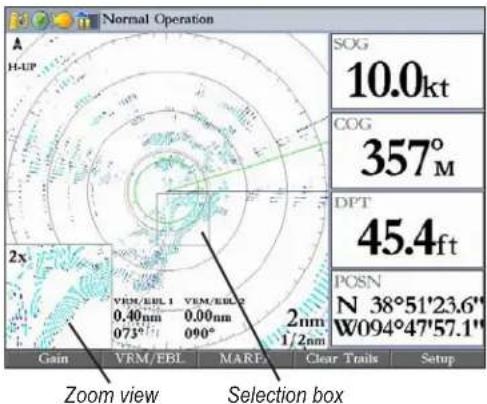 Normal Operation A H-UP 2x SOG 10.0kt COG 357°M DPT 45.4ft POSN N 38°51'23.6" W094°47'57.1" Gain VRM/FBL 0.40nm 0.00nm 073° 090° 2nm 1/2nm Zoom view Selection box