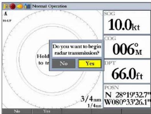 Normal Operation A H-UP Do you want to begin radar transmission? No Yes SOG 10.0kt COG 006° M DPT 66.0ft POSN N 28°19'32.7" W080°33'26.1" 3/4nm 1/4nm No Yes