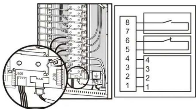 Technical diagram showing electrical panel connections with labeled components and a magnified detail view of the circuit board.