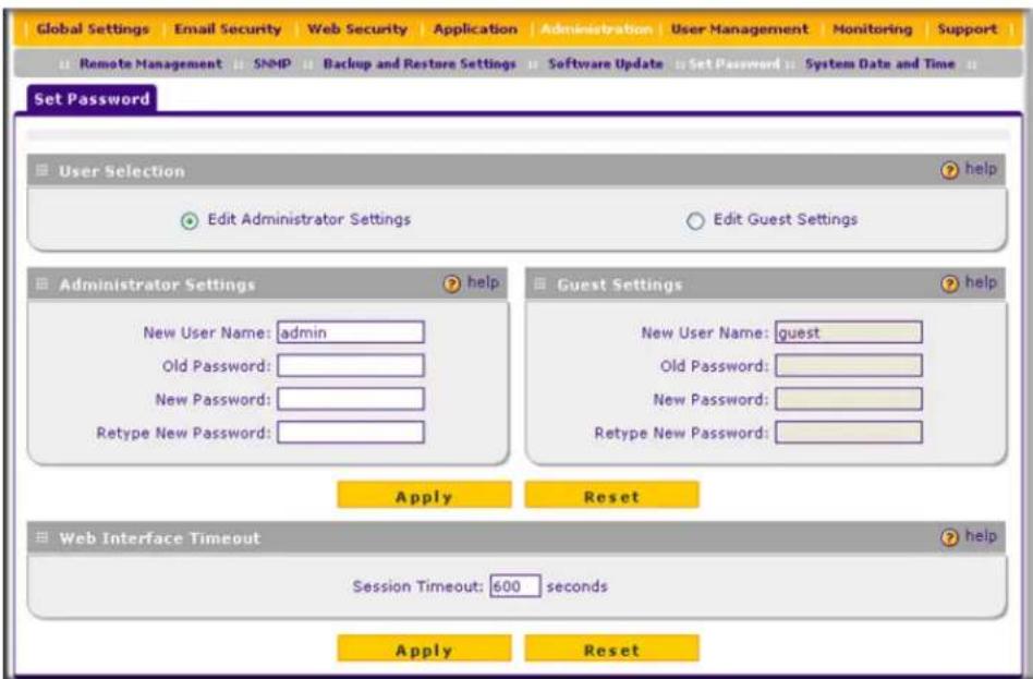 Global Settings | Email Security | Web Security | Application | Administration | User Management | Monitoring | Support Remote Management | SNMP | Backup and Restore Settings | Software Update | Set Password | System Date and Time Set Password User Selection Edit Administrator Settings Edit Guest Se…