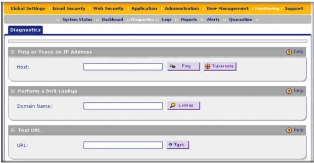 Global Settings | Email Security | Web Security | Application | Administration | User Management | Monitoring | Support System Status | Dashboard | Diagnostics | Logs | Reports | Alerts | Quarantine Diagnostics Ping or Trace an IP Address host: Ping Traceroute Perform a DNS Lookup Domain Name: Looku…