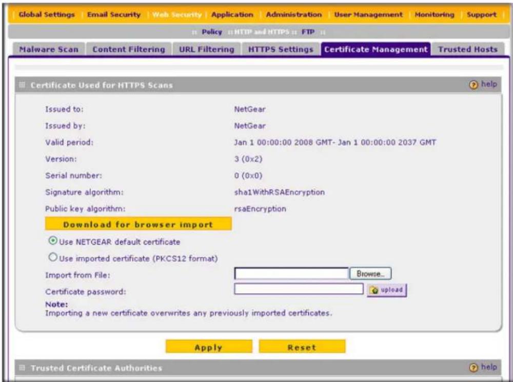 Global Settings | Email Security | Web Security | Application | Administration | User Management | Monitoring | Support Policy: HTTP and HTTPS: FTP: Malware Scan Content Filtering URL Filtering HTTPS Settings Certificate Management Trusted Hosts Certificate Used for HTTPS Scans help Issued to: NetGe…