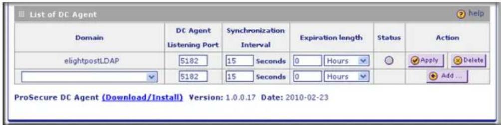 List of DC Agent Domain DC Agent Listening Port Synchronization Interval Expiration length Statusako elightpostLDAP 5182 15 Seconds 0 Hours ✓ Apply Delete 5182 15 Seconds 0 Hours ✓ Add... ProSecure DC Agent (Download/Install) Version: 1.0.0.17 Date: 2010-02-23