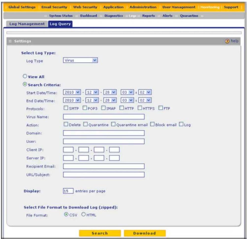 Global Settings | Email Security | Web Security | Application | Administration | User Management | Monitoring | Support System Status | Dashboard | Diagnostics | Reports | Alerts | Quarantine | Log Management Log Query Settings help Select Log Type: Log Type Virus View All Search Criteria: Start Dat…