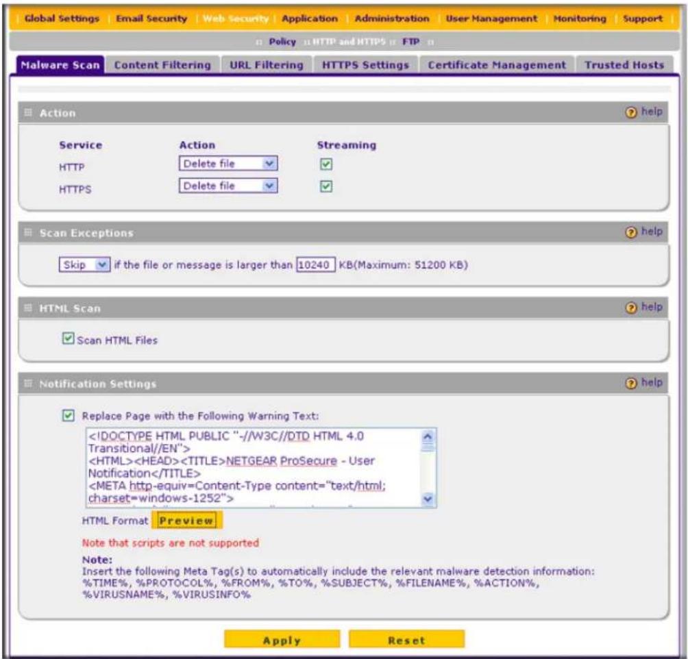 Global Settings | Email Security | Web Security | Application | Administration | User Management | Monitoring | Support | Policy HTTP and HTTPS FTP Malware Scan Content Filtering URL Filtering HTTPS Settings Certificate Management Trusted Hosts Action help Service Action Streaming HTTP Delete file ✓…