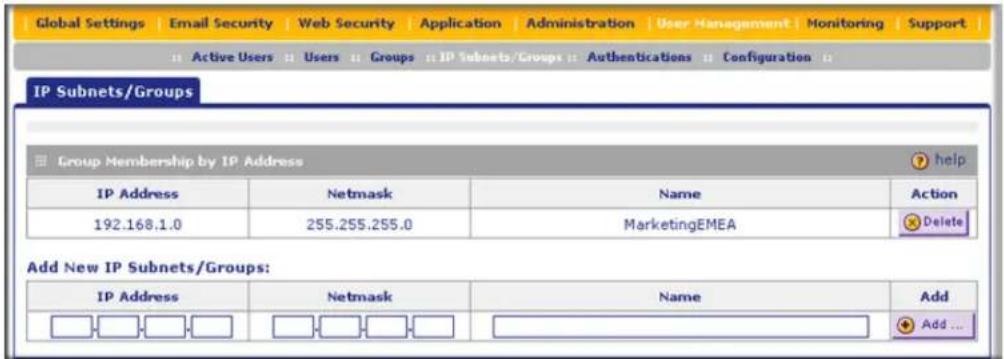 Global Settings | Email Security | Web Security | Application | Administration | User Management | Monitoring | Support Active Users Users Groups IP Subnets/Groups Authentications Configuration IP Subnets/Groups Group Membership by IP Address help IP Address Netmask Name Action 192.168.1.0 255.255.2…