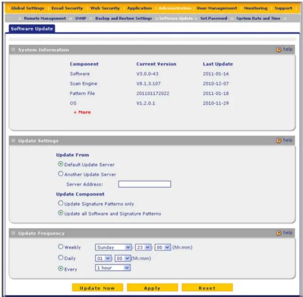 Global Settings | Email Security | Web Security | Application | Administration | User Management | Monitoring | Support Remote Management SNMP Backup and Restore Settings Software Update Set Password System Date and Time Software Update System Information help Component Current Version Last Update S…