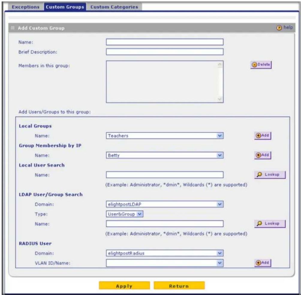Exceptions Custom Groups Custom Categories Add Custom Group Name: Brief Description: Members in this group: Delete Add Users/Groups to this group: Local Groups Name: Teachers Add Group Membership by IP Name: Betty Add Local User Search Name: Lookup (Example: Administrator, *dmin*, Wildcards (*) are…