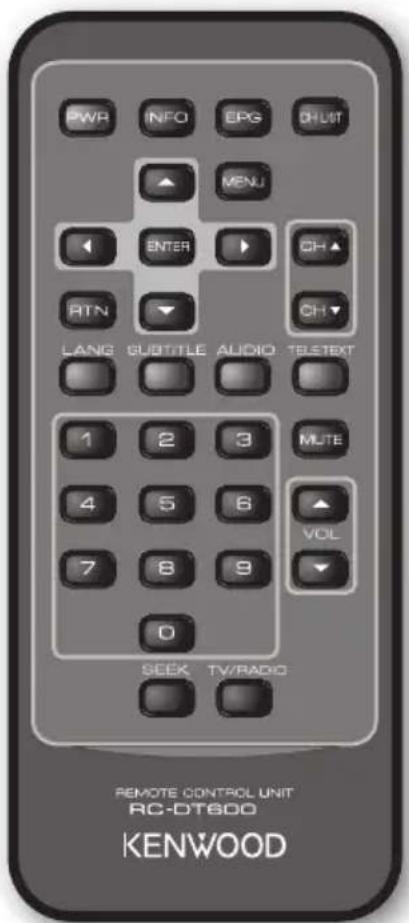 PWR INFO EPS CHUT ▲ MENU ENTER CH▲ RTN CH▼ LANG SUBTITLE AUDIO TB-TEXT 1 2 3 MUTE 4 5 6 VOL 7 8 9 0 SEEK TV/RADIO REMOTE CONTROL UNIT RC-DT800 KENWOOD