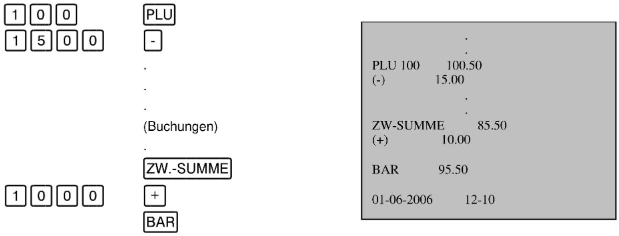 1 0 0 PLU 1 5 0 0 - . . . (Buchungen) . ZW.-SUMME 1 0 0 0 + BAR PLU 100 100.50 (-) 15.00 . ZW-SUMME 85.50 (+) 10.00 BAR 95.50 01-06-2006 12-10
