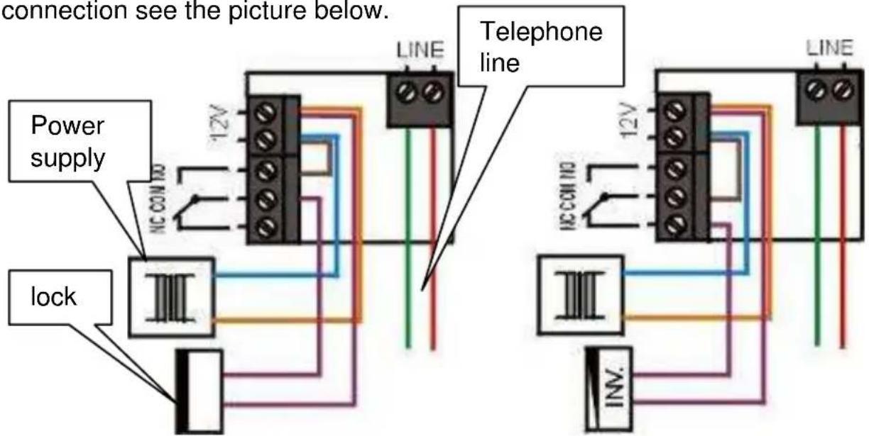 connection see the picture below. Power supply NC CON NO 12V LINE Telephone line lock 12V LINE NC CON NO INV.