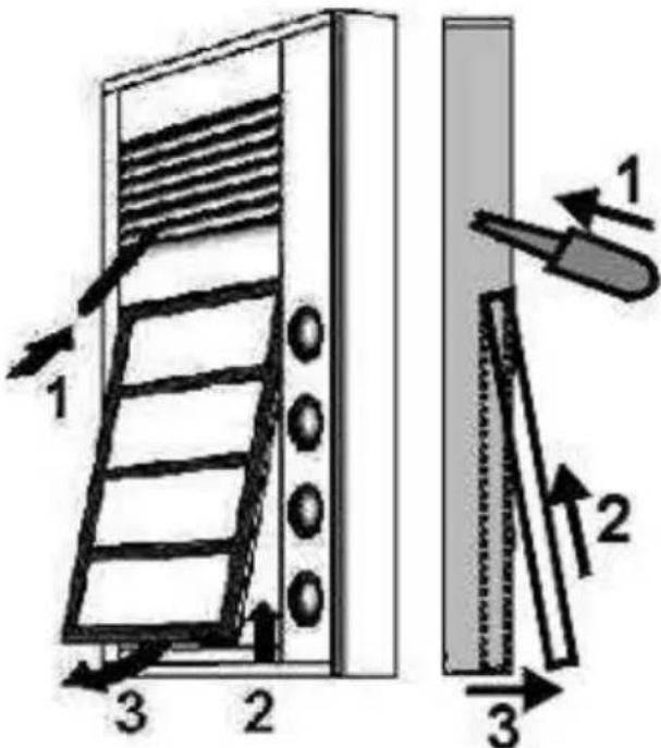 Technical diagram showing a door mechanism with labeled parts and directional arrows indicating movement or assembly.